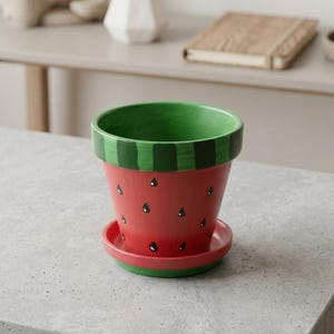 May include: A terracotta plant pot and matching saucer painted to resemble a watermelon. The pot features a bright red body with black teardrop-shaped seeds and a green rim with dark green vertical stripes. The saucer is solid red.