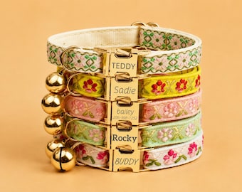 Veelkleurige vintage kattenhalsband met bloemen en naam | Gepersonaliseerde kattenhalsband en riem | Gegraveerde halsband met berichten voor katten | Kittenhalsband