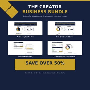 Creator Business Bundle | Content ROI Tracker, Income Dashboard, AI Subscription Tracker, Excel Spreadsheet