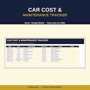 May include: A digital car cost and maintenance tracker spreadsheet template for Excel and Google Sheets. The document features a table with columns for date, type, description, odometer, cost, vendor, and notes, displaying sample vehicle expense data.