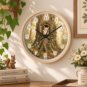 Könnte beinhalten: Eine runde Wanduhr mit hellem Holzrahmen und einem aufgedruckten Bild eines Eichhörnchens, das aus einer Baumhöhle schaut. Das Zifferblatt zeigt schwarze Zahlen von 1 bis 12 sowie schwarze Zeiger vor einer Waldkulisse.