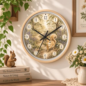 Könnte beinhalten: Eine runde Wanduhr mit hellem Holzrahmen zeigt ein aufgedrucktes Motiv eines Eichhörnchens auf einem Waldweg, umgeben von Lavendelblüten. Das Zifferblatt hat schwarze Zahlen von 1 bis 12 sowie schwarze Stunden-, Minuten- und Sekundenzeiger.