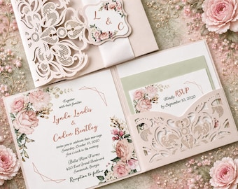 Blush and Sage Lace Wedding Invitations