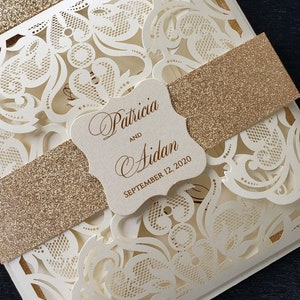 Blush Gold Glitter & Lace Wedding Invitation, Laser Cut Wedding Invitation,  Champagne Lace Wedding Invitation, Shabby Chic Invitation