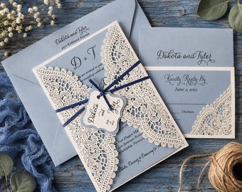 Dusty Blue Lace Wedding Invitations