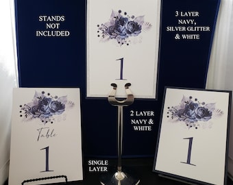 Navy Floral Wedding Table Number Card, Glitter Accent