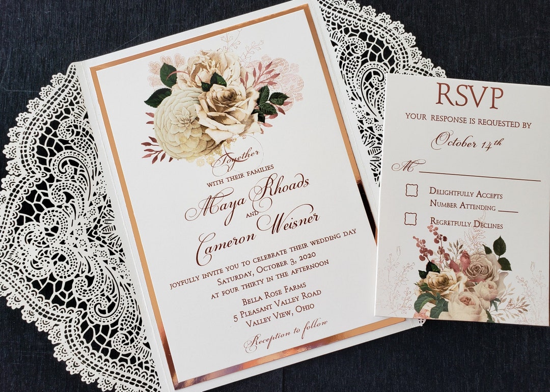 Shabby Chic Floral Rose Gold Lace Wedding Invitations - Etsy