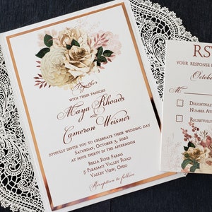 Floral Rose Gold and Lace Wedding Invitation, Rose Gold Floral Lace Wedding Invitation, Shabby Chic Invitation, SAMPLE or DEPOSIT Listing image 1