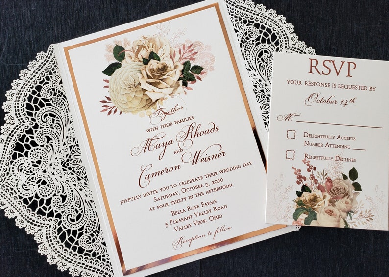Floral Rose Gold and Lace Wedding Invitation, Rose Gold Floral Lace Wedding Invitation, Shabby Chic Invitation, SAMPLE or DEPOSIT Listing image 1