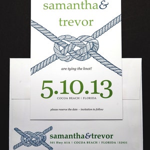 Nautical Save The Date Sample, Ocean, Knot, Rope, Destination Wedding Invitation, Blue and Green Wedding Invitation, Seashore, Boat