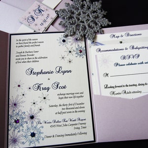 Winter Wonderland SAMPLE Wedding Invitation, Snowflake Invitation, Purple Invitation, Elegant Wedding Invitation, Snowflake Wedding image 1