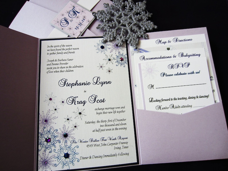 Winter Wonderland SAMPLE Wedding Invitation, Snowflake Invitation, Purple Invitation, Elegant Wedding Invitation, Snowflake Wedding image 1