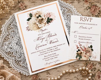 Shabby Chic Floral Rose Gold Lace Wedding Invitations