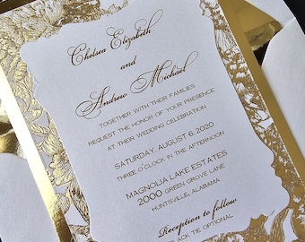 Gold Foil Peony Wedding Invitation, Embossed Victorian Style