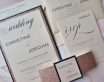 Navy & Rose Gold Glitter Wedding Invitation Sample