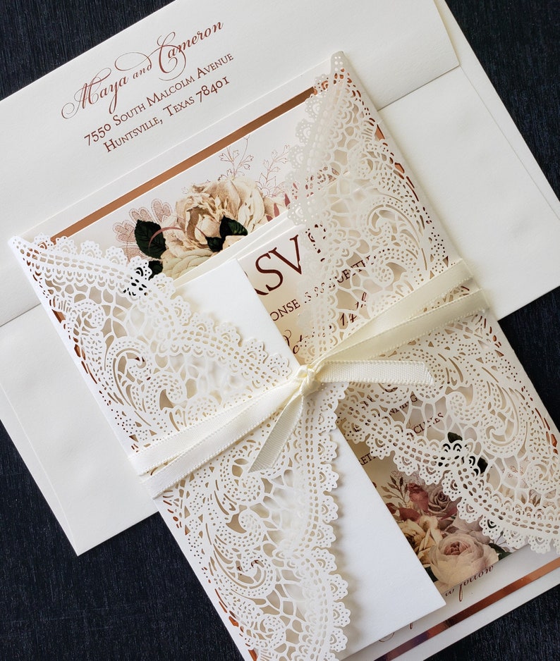 Floral Rose Gold and Lace Wedding Invitation, Rose Gold Floral Lace Wedding Invitation, Shabby Chic Invitation, SAMPLE or DEPOSIT Listing image 4