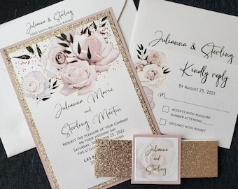 Floral Rose Gold Glitter Wedding Invitations