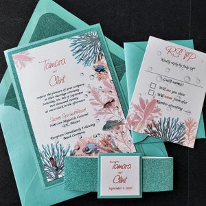 Aquarium Wedding Invitation, Glitter Invitation, Tropical Wedding, Beach Wedding, Caribbean Wedding, Aquarium, SAMPLE or DEPOSIT Listing