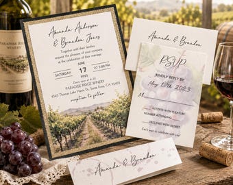 May include: A wedding invitation suite featuring a main card with a vineyard illustration, a RSVP card with a grape cluster graphic, and a place card. The text includes names Amanda Anderson and Brandon Jones, date June 17, 2023, and location details.