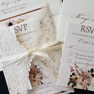 Floral Rose Gold and Lace Wedding Invitation, Rose Gold Floral Lace Wedding Invitation, Shabby Chic Invitation, SAMPLE or DEPOSIT Listing image 2