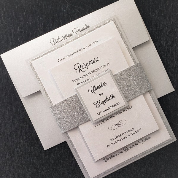 25th Anniversary Invitation, Silver Anniversary Invitation, Silver Glitter Wedding Invitation, Vow Renewal, GENERIC SAMPLE available