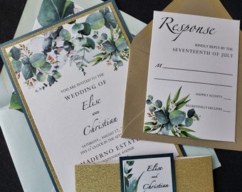 Eucalyptus and Champagne Gold Wedding Invitations