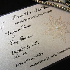 Silver Metallic & Black Save The Date Sample, Formal, Traditional, Classic, Embossed, Snowflake, Winter Wonderland Invitation