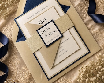 Champagne Gold and Navy Wedding Invitations