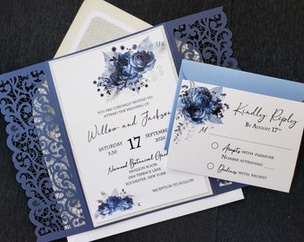 Navy Blue Lace Floral  Wedding Invitation, Silver Glitter Wedding Invitation, Floral &  Lace Wedding Invitation, SAMPLE or DEPOSIT Listing