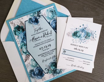 Aqua and Silver Floral Glitter Wedding Invitations