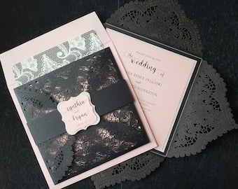 Black Shimmer/Glitter & Lace Wedding Invitation,  Laser Cut Wedding Invitation,  Black and Pink Wedding Invitation