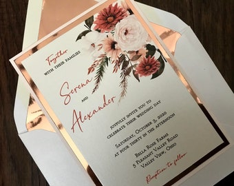 Rose Gold Foil & Floral Invitation, Autumn Wedding Invitation, Elegant Fall Wedding Invitation