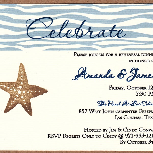 Beach & Starfish Rehearsal Dinner Invitation, Nautical, Ocean, Seashore Invitation, Blue and White Invitation