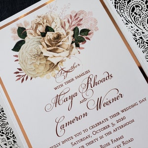 Floral Rose Gold and Lace Wedding Invitation, Rose Gold Floral Lace Wedding Invitation, Shabby Chic Invitation, SAMPLE or DEPOSIT Listing image 3