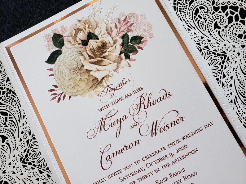 Floral Rose Gold and Lace Wedding Invitation, Rose Gold Floral Lace Wedding Invitation, Shabby Chic Invitation, SAMPLE or DEPOSIT Listing image 3