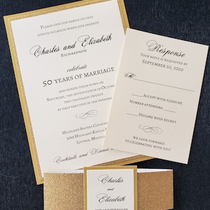 50th Anniversary Invitation, Golden Anniversary Invitation, Gold Glitter Wedding Invitation, Vow Renewal, GENERIC SAMPLE available