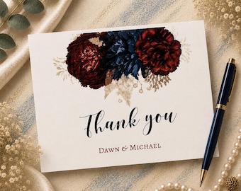 Thank You Cards, Navy Burgundy Floral with Personalized Envelopes