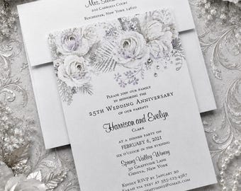 Silver Floral 25th Anniversary Invitation