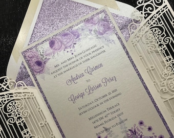 Off White Iron Gate Shaped Laser Cut Wedding Invitation, Lavender Floral and Glitter Wedding Invitation, Lavender Glitter Wedding