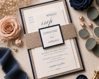 Navy & Rose Gold Glitter Wedding Invitation Sample