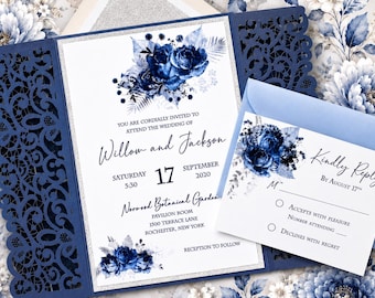 Navy Blue and Silver Lace Wedding Invitations, Laser cut, Glitter, Blue Floral
