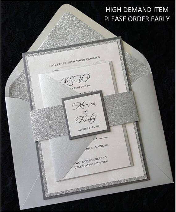 Glitter Wedding Invitation Silver Glitter Wedding Etsy