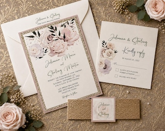 Floral Rose Gold Glitter Wedding Invitations