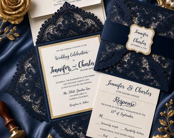 Navy and Glitter Lace Wedding Invitations
