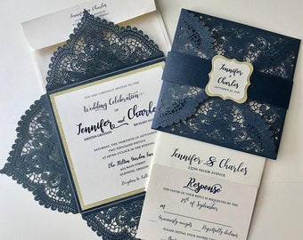 Navy Glitter & Lace Wedding Invitation,  Lace Laser Wedding Invitation,  Navy and Gold Wedding Invitation,  Lace Wedding