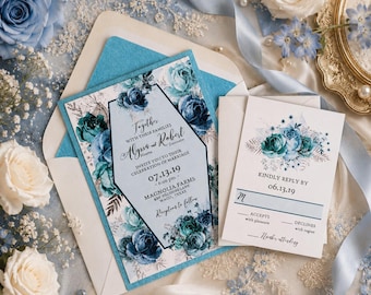 Aqua and Silver Floral Glitter Wedding Invitations