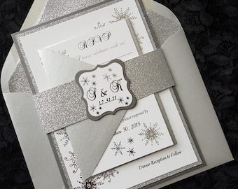 Winter Wonderland Foil Invitation, Silver Foil Wedding Invitation, Snowflake Invitation, Foil Wedding Invitation. SAMPLE or DEPOSIT Listing