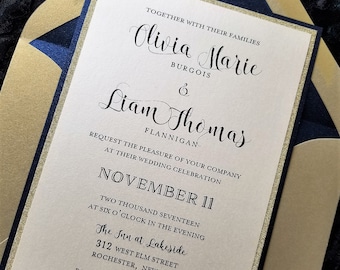 Glitter Wedding Invitation, Champagne Gold Glitter Wedding Invitation, Gold & Navy Wedding Invitation, Navy and Gold Invitation