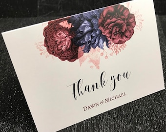 Thank You Cards, Navy Burgundy Floral with Personalized Envelopes