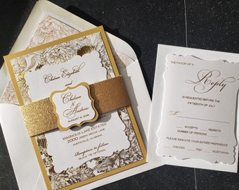 Gold Foil Wedding Invitation, Peony Wedding Invitation, Gold Glitter Wedding Invitation, Victorian Wedding Invitation